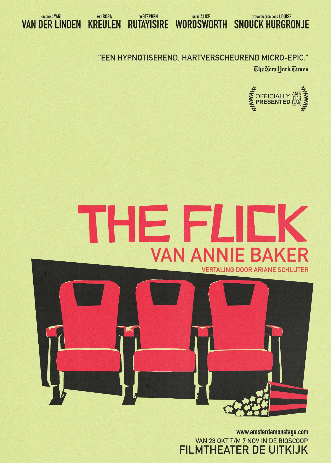 The Flick — poster met drie rode bioscoopstoelen en popcorn
